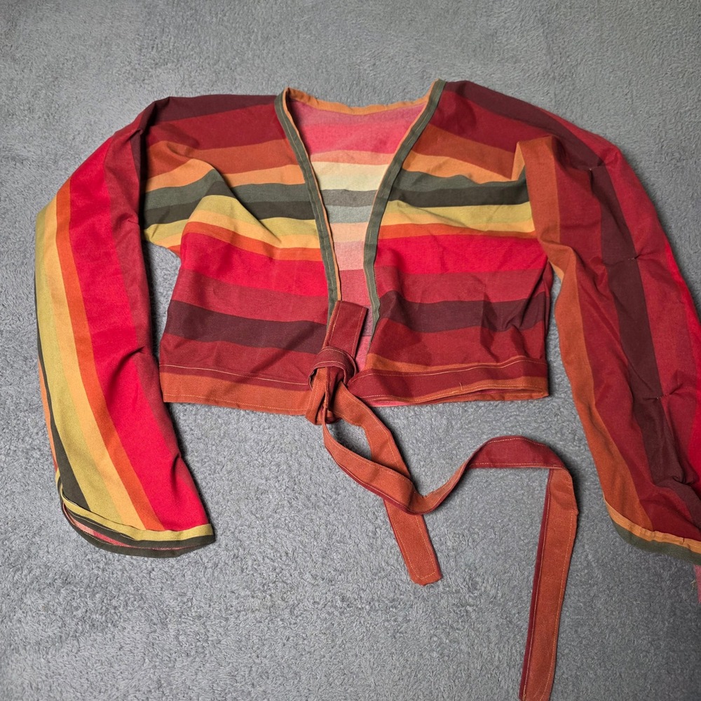 Handmade Womens S Cropped Wrap Top Red Orange Striped Tie Front Long Sleeve 70s